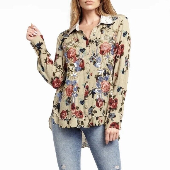 Aratta Silent Journey Anthropologie Blouse Floral Sequin Boho Embroidery - Picture 1 of 16